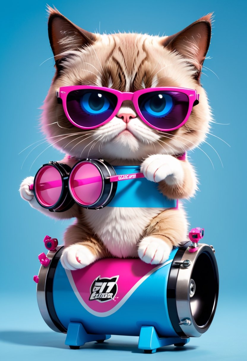 Grumpy Cat as pink mechanical toy wearing sunglasses and blue and black striped flip-flops that beats a bass drum bearing the Energizer logo.