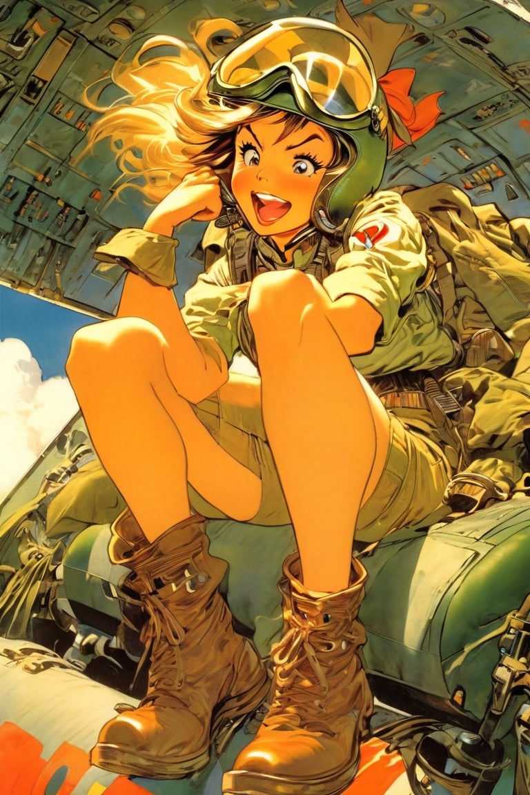 Anime Network, Female WW2 Pilot, bored expression, yawning, sitting inside fighter airplane, art by Masamune Shirow, art by J.C. Leyendecker. Anime style, key visual, vibrant, studio anime