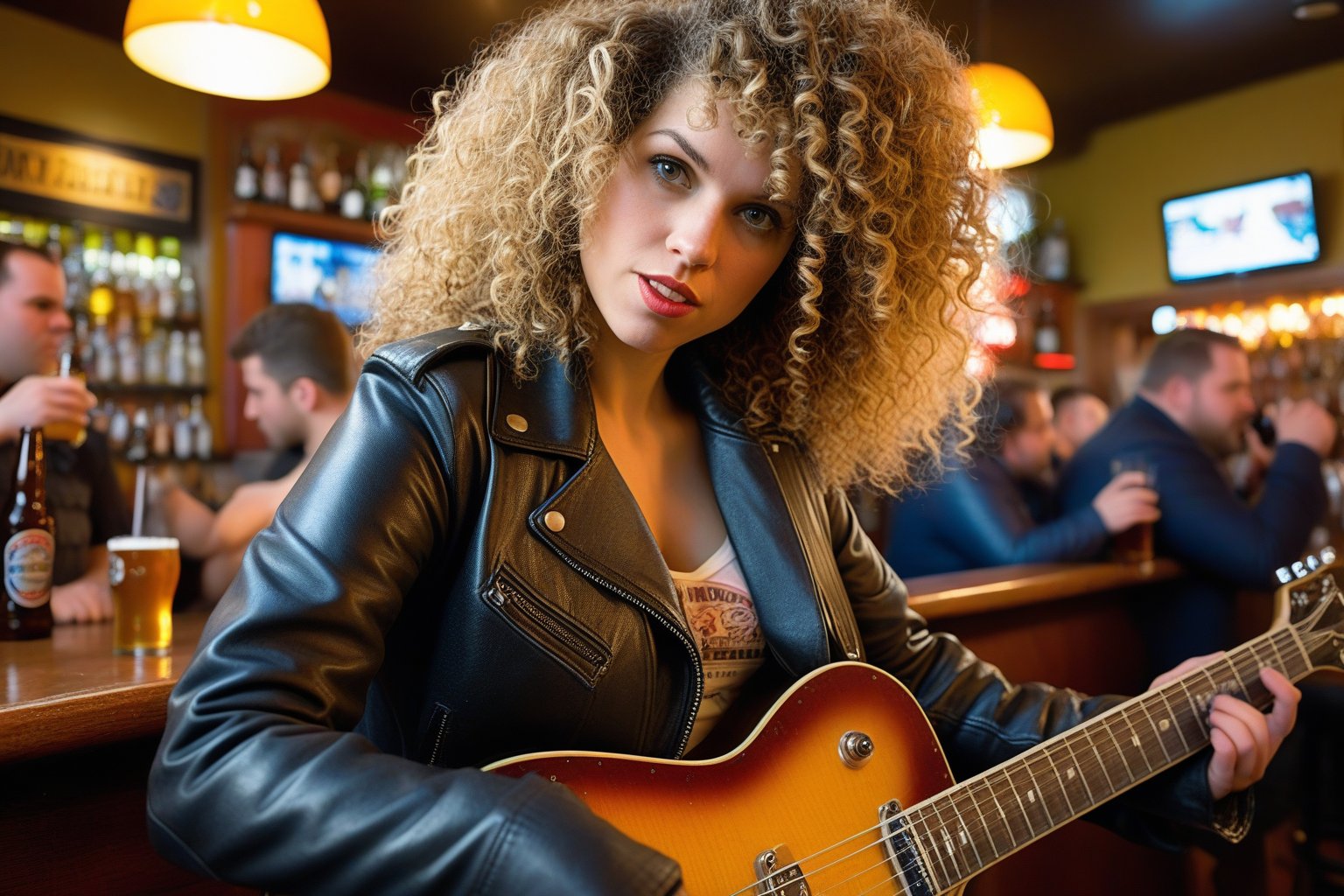 Dutch Angle. Closeup Photo of a caucasian woman with curly hair, leather jacket and mini skirt playing guitar in a bar. Background is a fat man drinking beer. Style by J.C. Leyendecker. Canon 5d Mark 4, Kodak Ektar, 35mm 