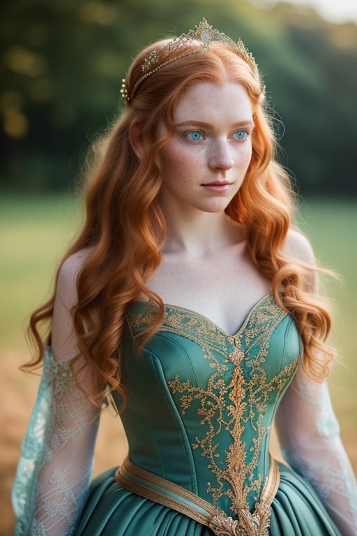 Warm light, medium shot, torso shot, beautiful pale redhead princess, intricate dress armor, bow on back, regal, dynamic pose, windblown hair, intricate crown, perfect face, (realistic eyes), round iris, blue green eyes, intricate, complex, freckles, Helios 44-2, swirly bokeh, trending on artstation

