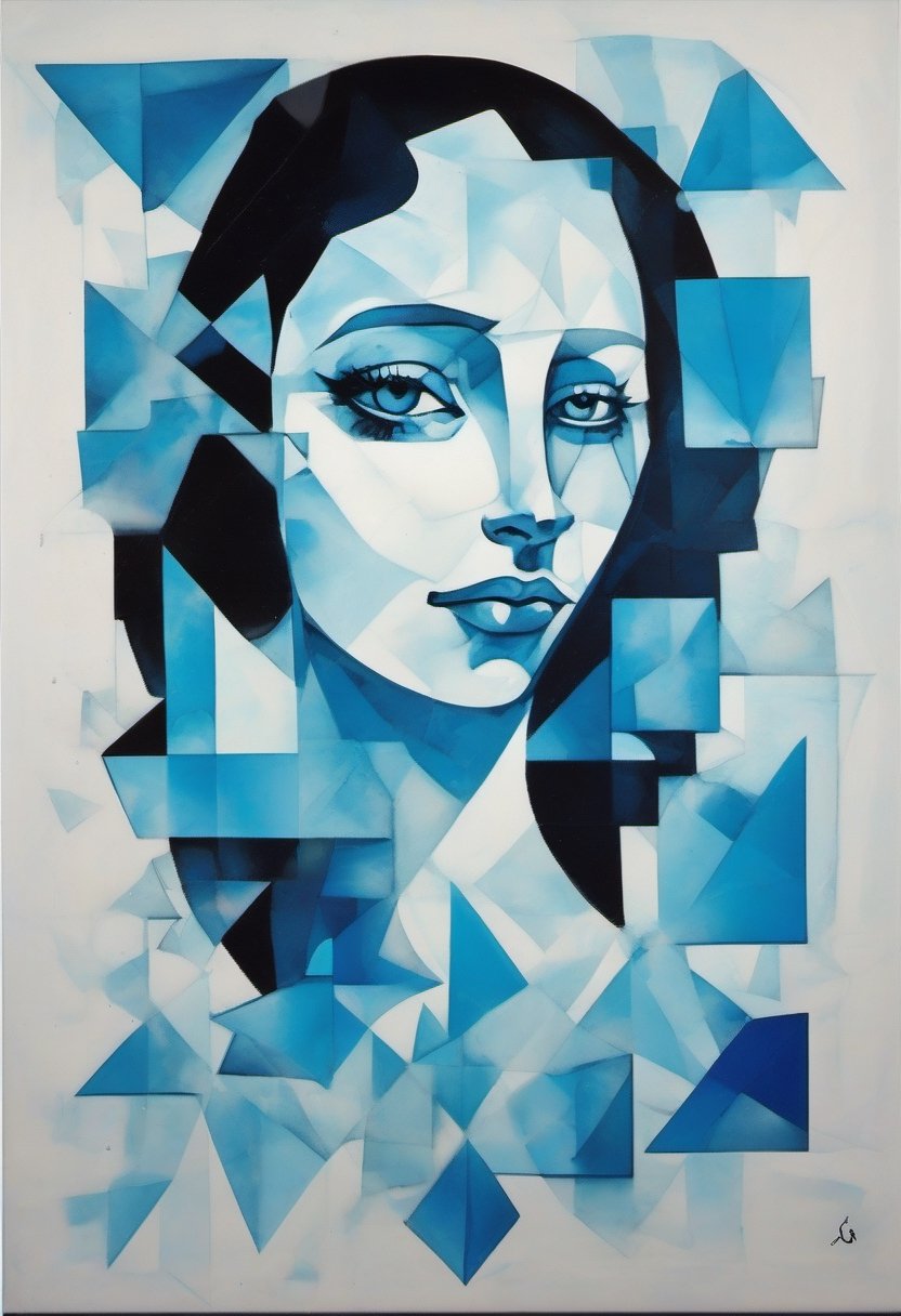 Girl by Picasso, cyan and blue, inkblots, made of crystals, juxtapositions extraordinaire, geometric animal figures, ink and wash, redshift,v0ng44g,p14nt1ng,oil painting,p1c4ss0