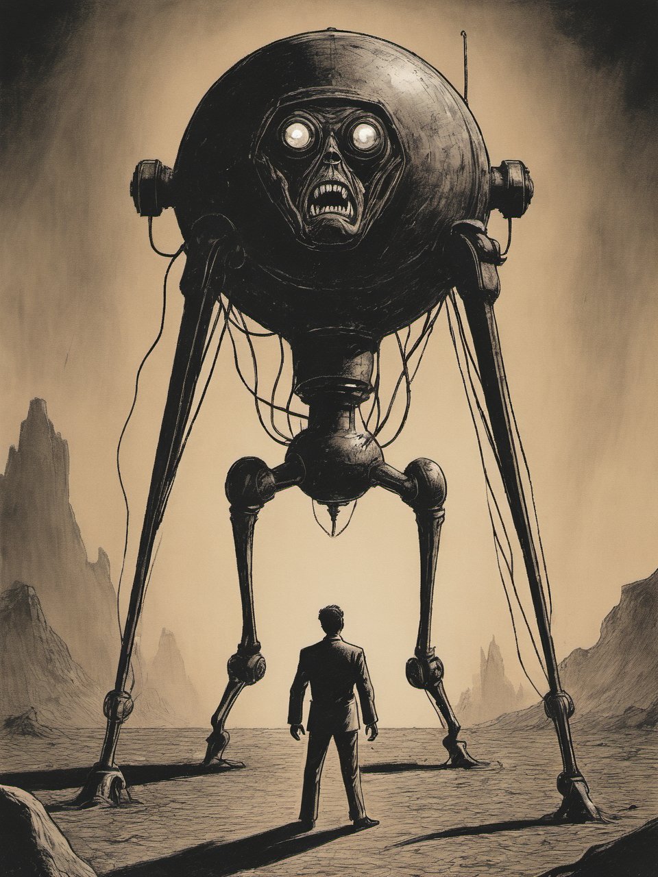 Closeup of a frightened man, the narrator of War of the World, facing a Martian Tripod Machine with three legs