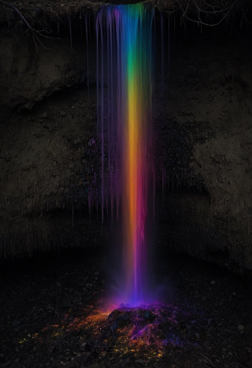 A waterfall of rainbow-colored bioluminescence particles that fall into the ground, dissolving into pixels.