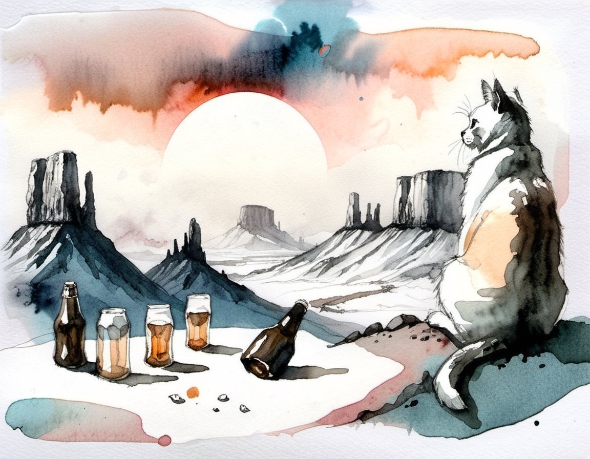 Water color ink sketch cat enjoying a beer on the lunar surface, surrounded by empty and full beer bootles. Rocky terrain, desolate and otherworldly landscape,watercolor