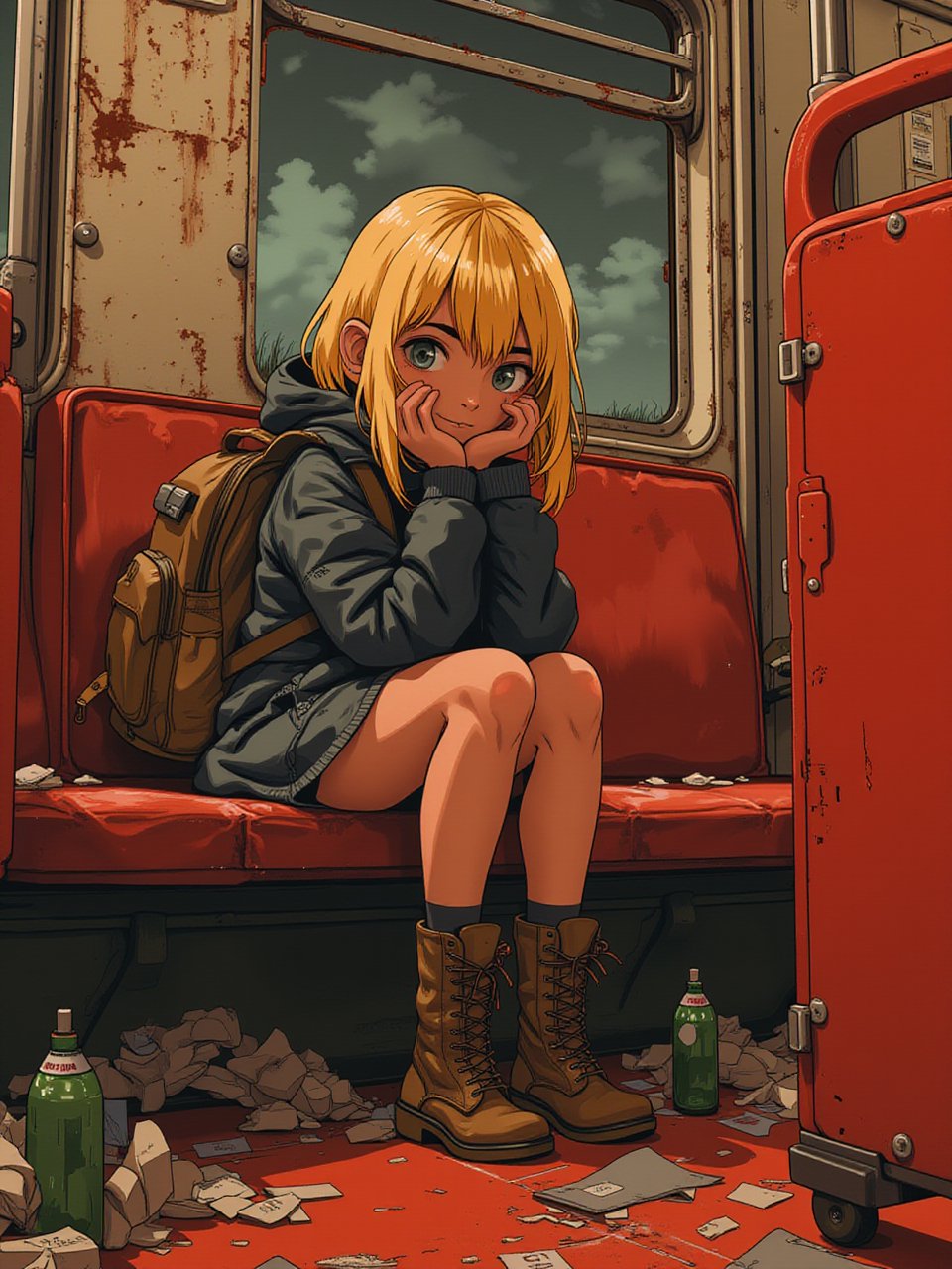 Anime style art by J.C. Leyendecker. Photo Close up of a blonde girl, sitting on train. She wear a backpack and hicking boots. Red interior, rust, piles of garbage and broken bottles on the floor. 