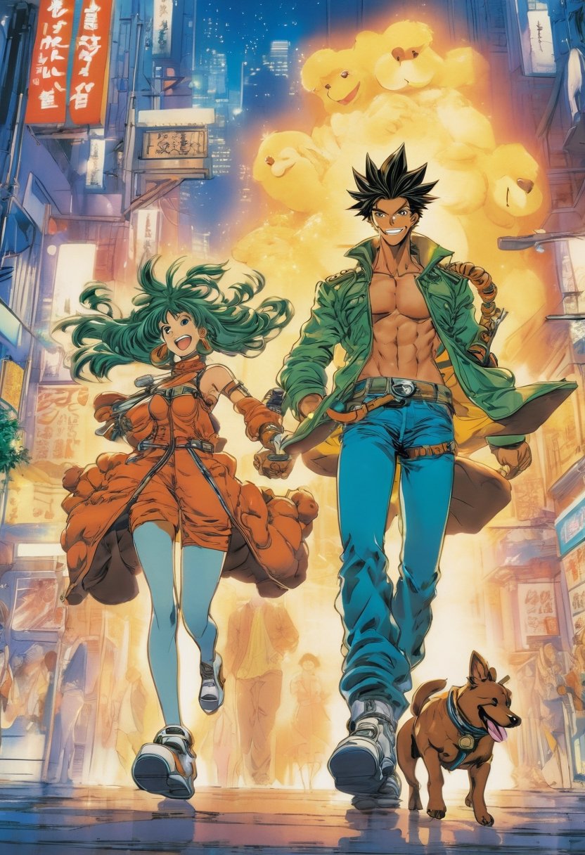 Anime Network,  Couple walking dog, laughing, art by Masamune Shirow,  Anime style,  key visual,  vibrant,  studio anime