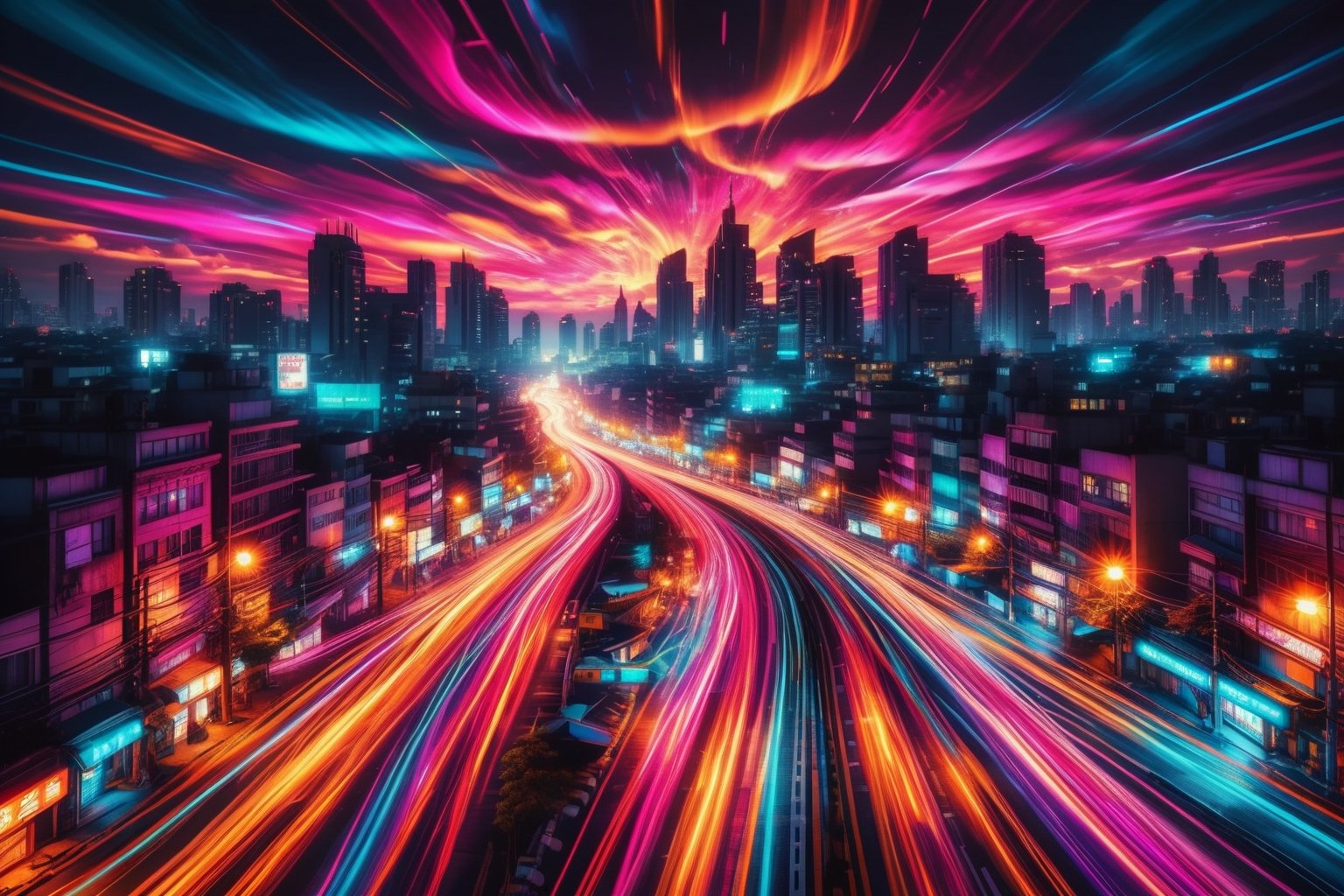 City skyline at night, cool colors, vibrant lights, futuristic style, wide angle, bustling streets, dark sky. ral-exposure, in the style of double exposure, neon art nouveau, long exposure, wimmelbilder, layered lines, neonpunk, chiaroscuro, best quality, masterpiece, highres, absurdres, incredibly absurdres, huge filesize, wallpaper, colorful,8K,RAW photo ,Long_Exposure