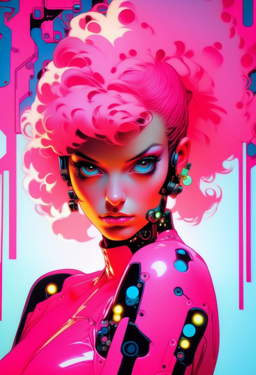 Portrait of a woman in pink cyberpunk suit,   in the style of Suehiro maruo,  etam cru,  irene sheri,  punctured canvases,  (Realistic),  masterpiece,  best quality,  cinematic lighting,  natural shadow,  highest detail,  professional photography