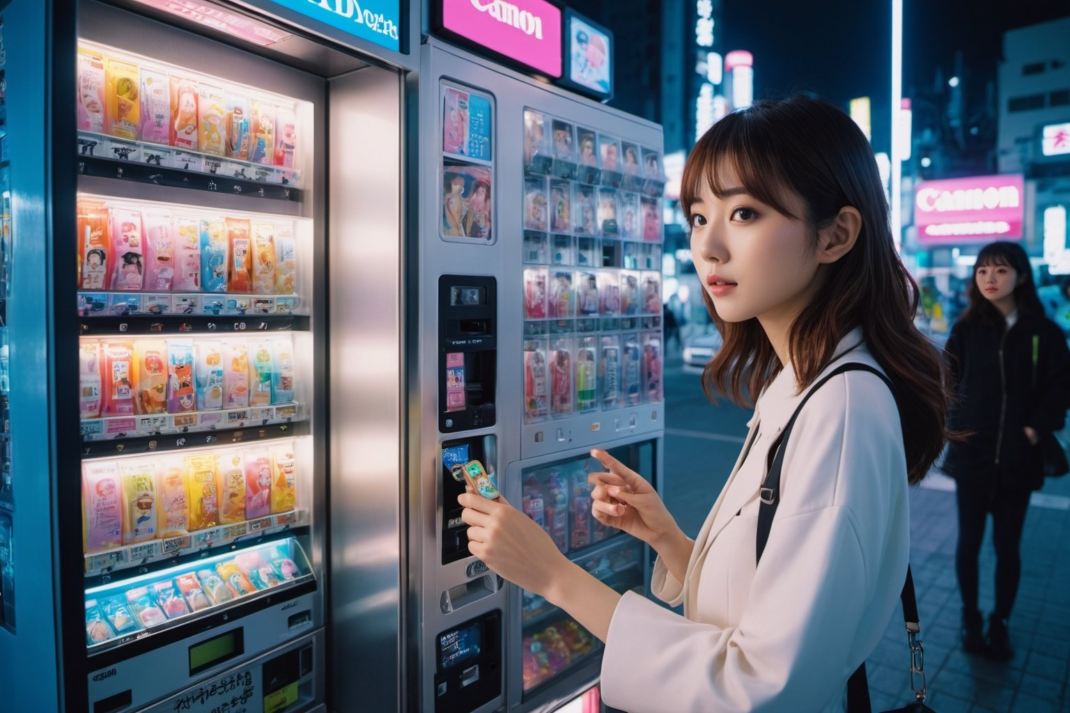 Photo of a young Japanese woman being sold from a futuristic, high-tech vending machine. The vending machine is filled with various female figures, each representing a different type of companion. Canon 5d Mark 4, Kodak Ektar, neon light