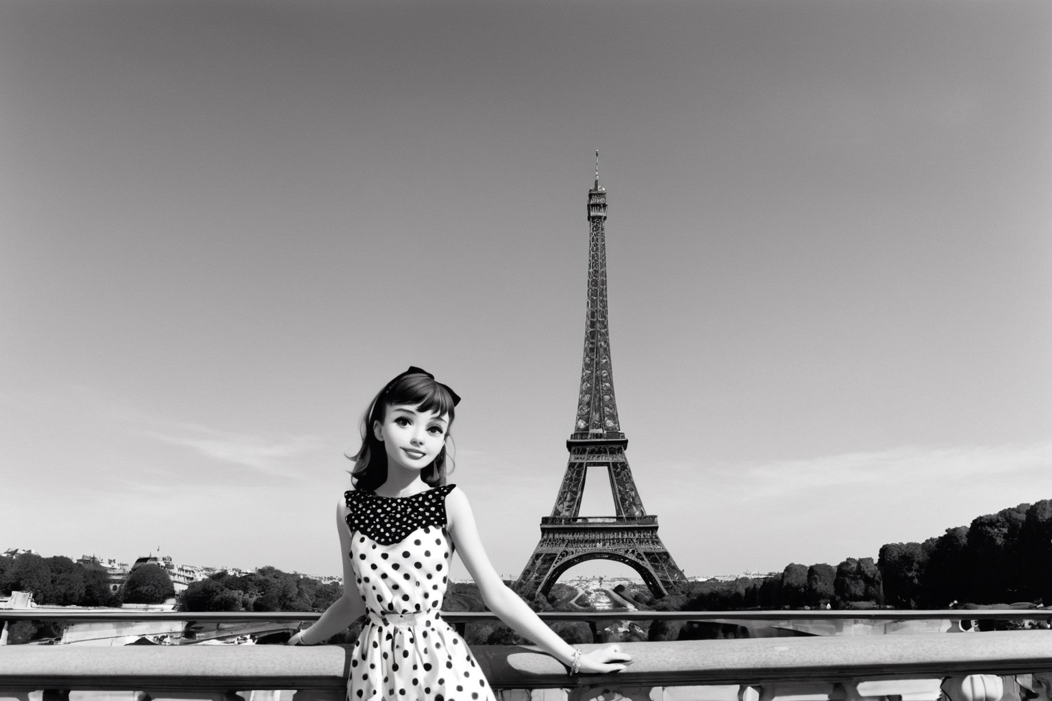 B & W Photo of a young 20yo Audrey Hepburn in a polkadot summer dress in Paris, Eiffel Tower in the background, Canon 5d Mark 4, Kodak Ektar