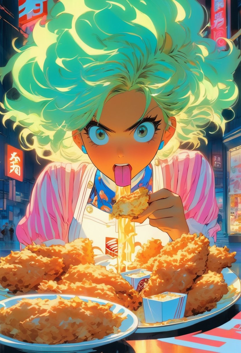 Anime artwork, Rococo, annoyed girl, eating KFC chicken, neon glowing hair, 4, neon light, flamboyant, pastel colors, curved lines, elaborate detail, rococo, art by Makoto Shinkai, art by J.C. Leyendecker