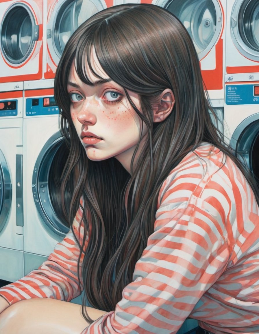 Woman, long hair, bored, waiting at a laundromat, overhead shot, art by Junji Ito, art by Martine Johanna