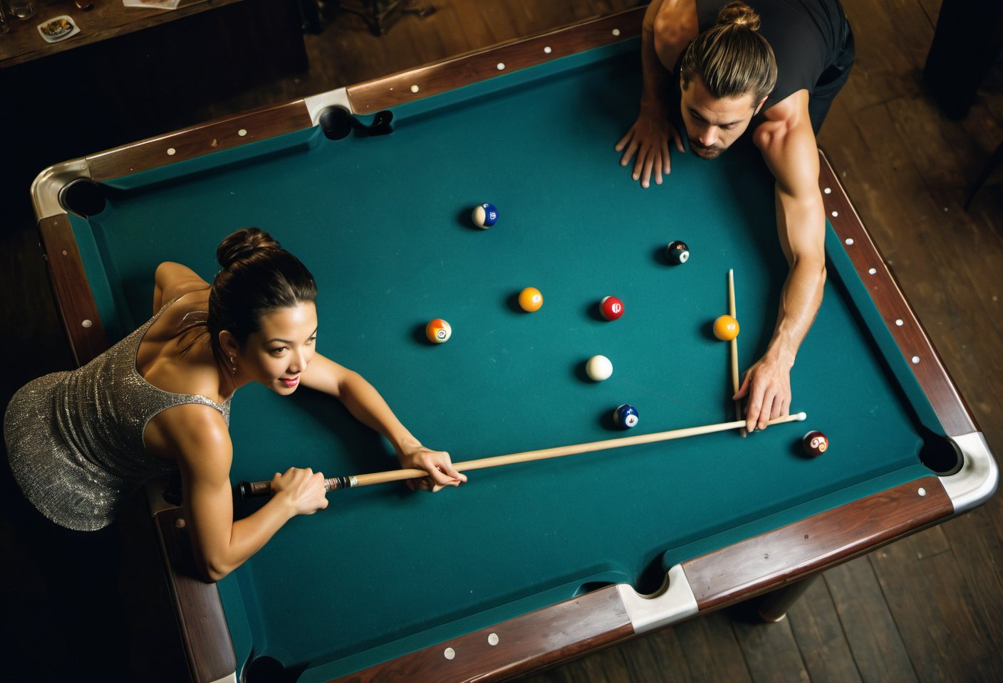 Overhead shot. Closeup photo of a happy couple shooting pool at a local bar. Canon 5d Mark 4, Kodak Ektar, 35mm. Fine art photography, iconic, dynamic angle, dynamic pose, macro, photograph, sharp, focussed, Lomography Color 100, F/14, World-renowned, (designed by Olivier Valsecchi:1.2), beautiful detailed supreme quality color intricate, extremely stylish, deep aesthetic, sharp focus, magnificent, dynamic dramatic composition