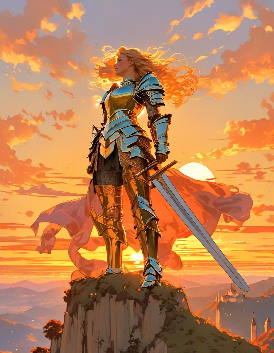 Young woman in medieval metal armor, lifting a sword toward the sky, near a faraway castle at sunset. overlooking a valley, art by J.C. Leyendecker. Anime artwork, anime style, key visual, vibrant, studio anime,  highly detailed