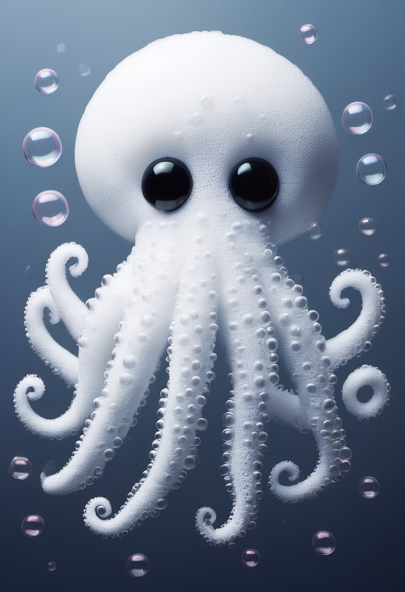 Photo of a octopus made of bath foam and soap bubbles, 