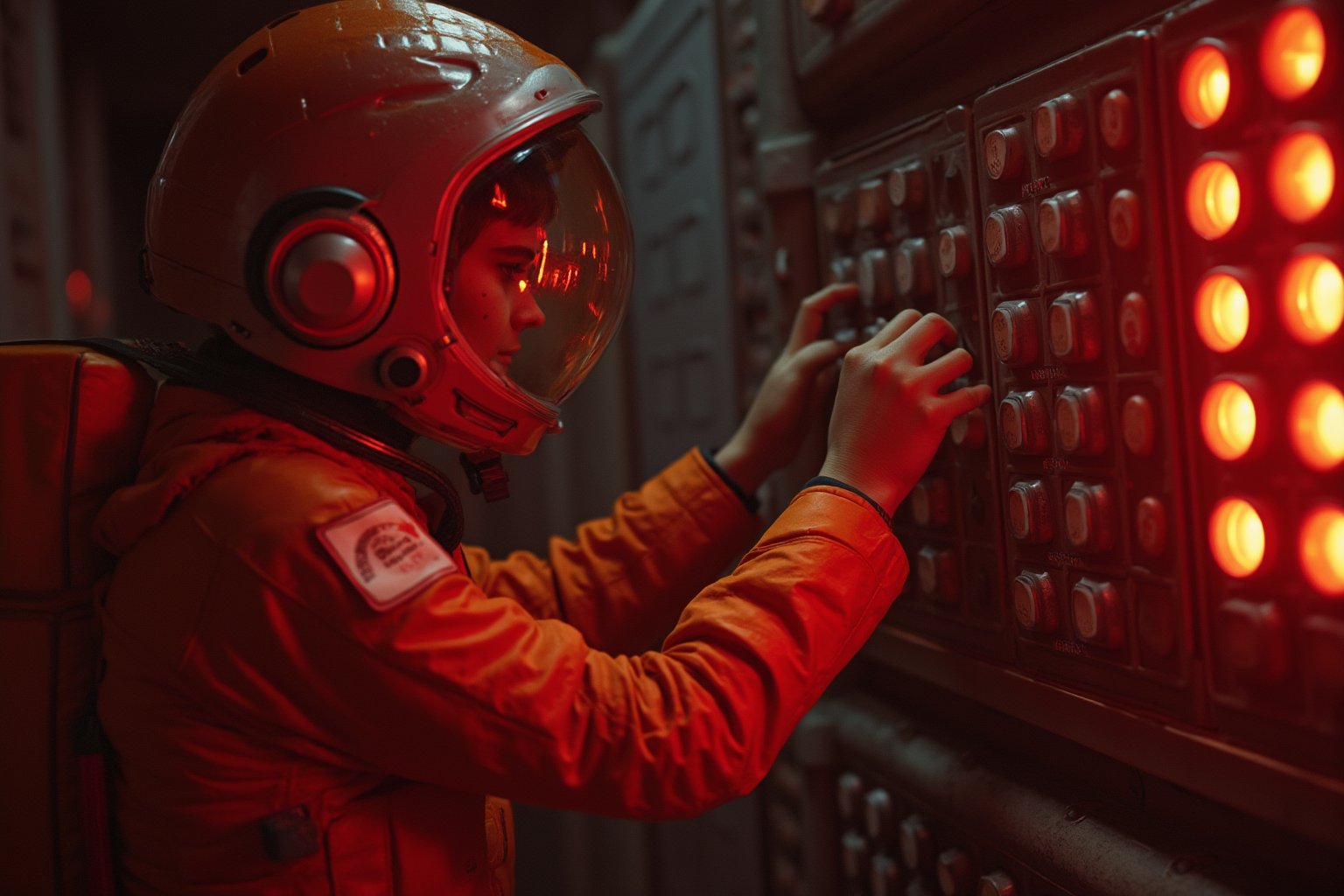 A female astronaut in an orange spacesuit is floating inside a dimly lit spaceship. She is carefully removing rectangular components from a wall panel filled with glowing lights, each piece sliding out one by one. The corridor is bathed in a red glow, with reflections of light creating a tense atmosphere. The astronaut's face is partially visible through her helmet, showing focus and determination as she works to disable the system. The background features the same iconic grid pattern, emphasizing the cold, mechanical nature of the environment."