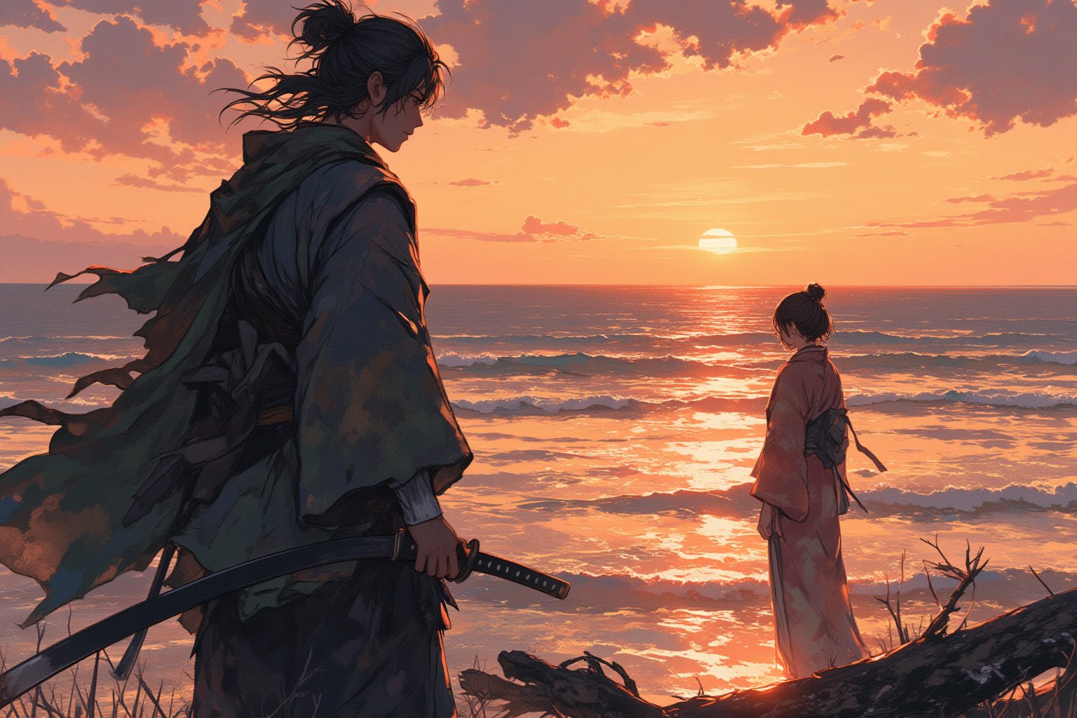 Illustrate a deeply emotional and dramatic scene between a ronin and his girlfriend at a seaside, set during their final goodbye. The ronin, dressed in worn-out traditional samurai robes, stands solemnly with his hand resting on the hilt of his katana. His girlfriend, wearing a flowing kimono, stands far apart from him, her expression filled with sorrow and longing. They are gazing intensely at each other, the distance between them symbolizing the emotional rift as they say their farewells. The backdrop is a serene, yet melancholic, seaside with waves gently lapping at the shore, and the setting sun casting long shadows and a golden glow over the scene. The sky is painted with hues of orange and pink, adding to the bittersweet atmosphere. The overall composition captures the profound emotion of separation and unspoken love.