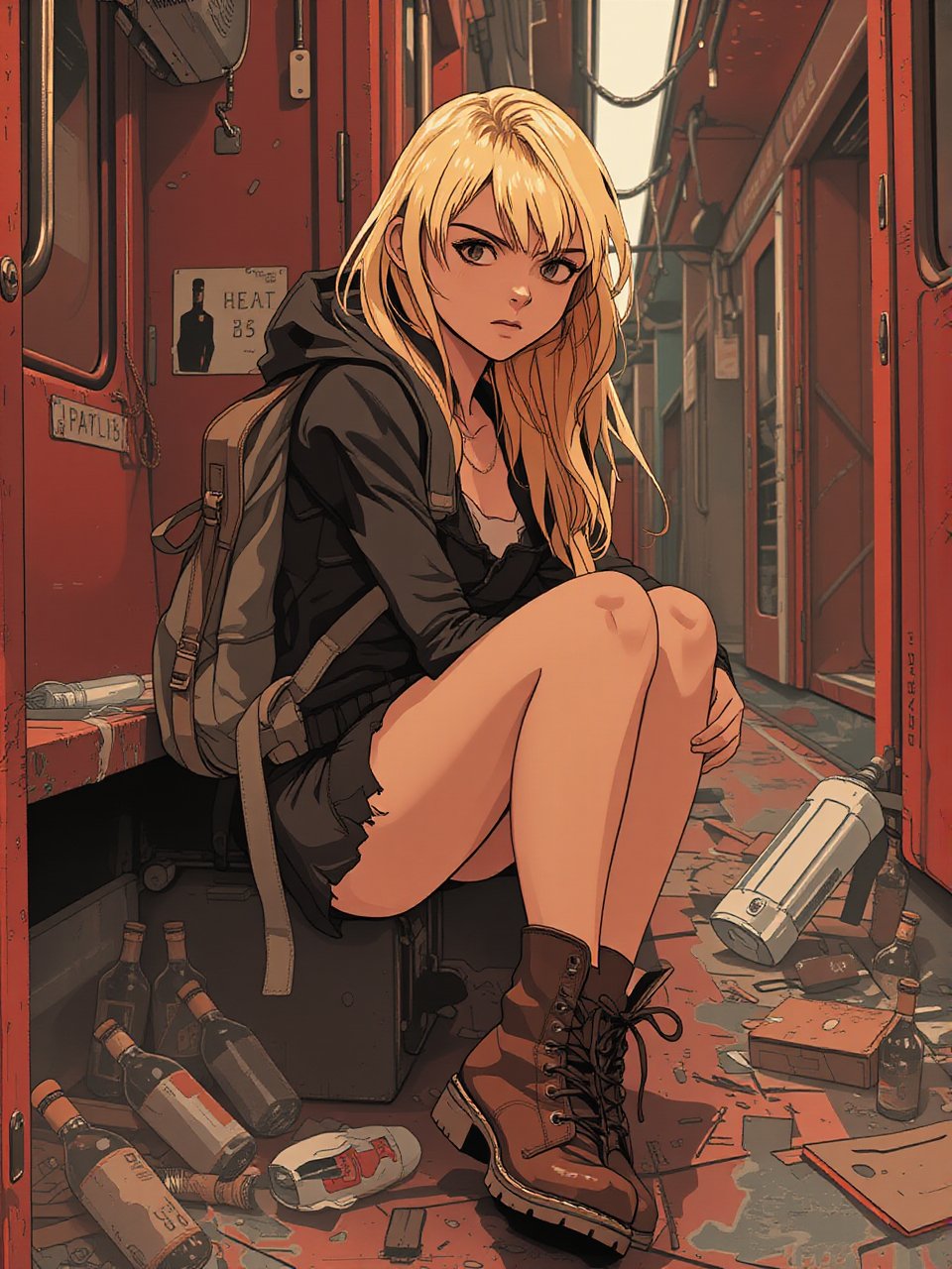 Anime style art by J.C. Leyendecker. A blonde woman, sitting on train, red interior, rust, garbage on the floor, broken bottles.  She wear a backpack and hicking boots.