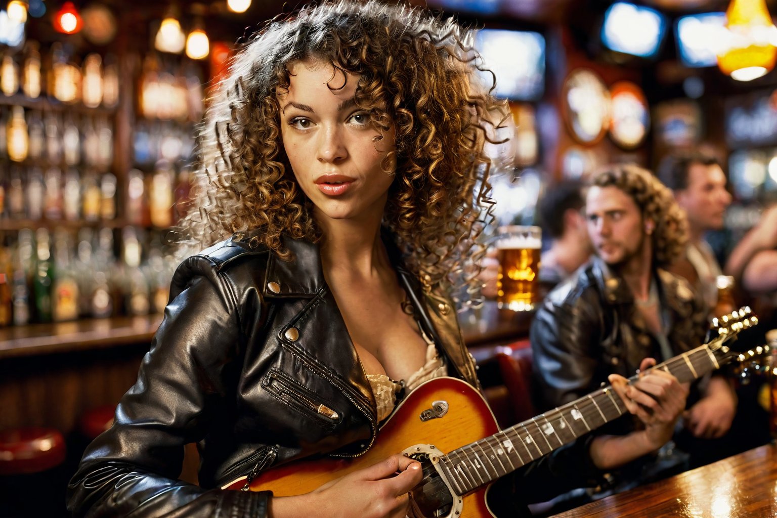 Dutch Angle. Closeup Photo of a caucasian woman with curly hair, leather jacket and mini skirt playing guitar in a bar. Background is a fat man drinking beer. Style by J.C. Leyendecker. Canon 5d Mark 4, Kodak Ektar, 35mm 