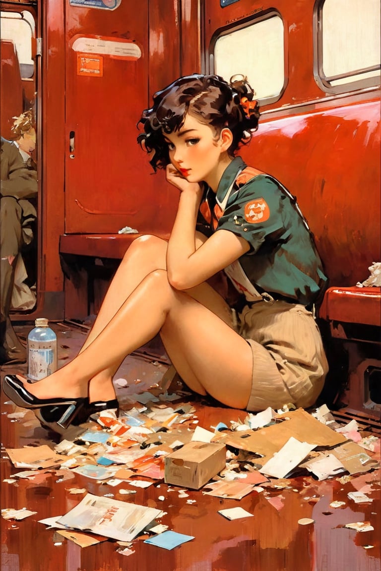 anime artwork, Girl, sitting on train, red interior, rust, garbage on the floor, broken bottles, art by J.C. Leyendecker . anime style, key visual, vibrant, studio anime, highly detailed,ClassipeintXL