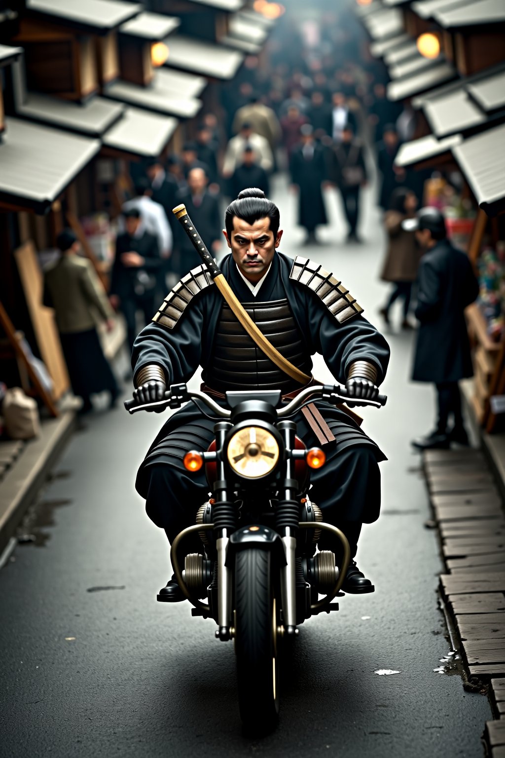 Overhead Closeup Shot of a Japanese man dressed as a samurai riding a motorcycle across a busy street in Kyoto, set in the year 1800. The samurai, has a serious expression, wearing traditional armor, has his katana sheathed at his side as he speeds through the bustling market street, filled with merchants, pedestrians, and wooden stalls. 