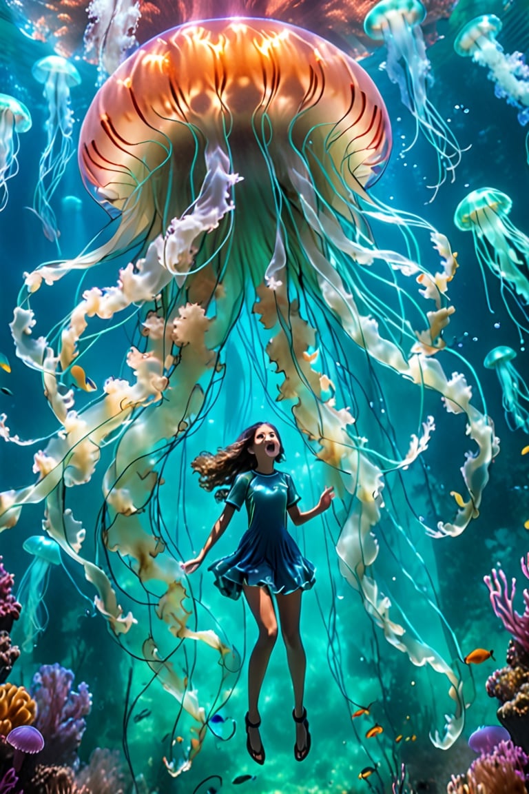 through the transparent barrier of an underwater observation pod, a terrified young girl gazes wide-eyed at the colossal figure of a Lion’s Mane Jellyfish. The glass wall magnifies the immense Jellyfish's size, highlighting its tentacles and baggy fluid-like body and vibrant bioluminescence colors. The girl's fear is palpable, her small frame contrasted against the overwhelming might of the ancient creature outside. The underwater scene is enveloped in an eerie blue-green glow, illuminated by the pod's artificial lighting. This tense and dramatic moment is captured as a hauntingly realistic photograph, taken with a telephoto lens that captures both the intricate details of the Lion’s Mane Jellyfish features and the raw emotion etched across the girl's face.