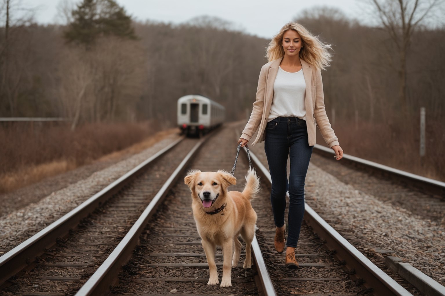 Photo of a blonde woman, arm stretched for balance, walking heel-to-toe on a single train rail. Her dog, a playful and energetic breed, trots along the rail beside her.