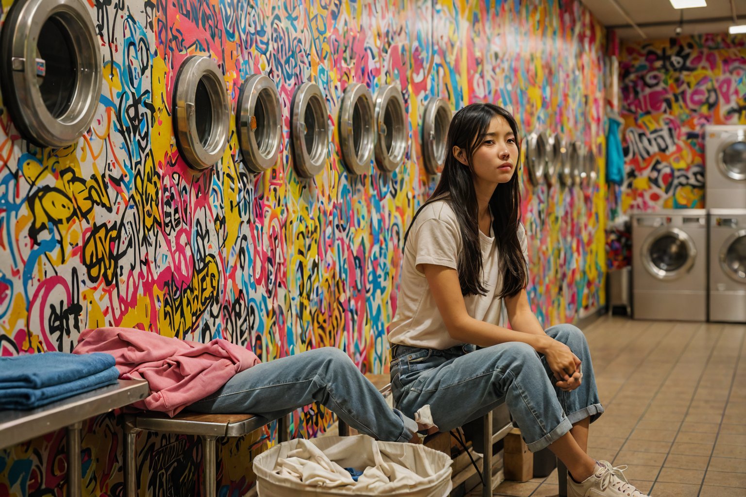 A candid snapshot of a young Asian woman with long, straight hair waiting for her laundry at a laundromat. She is sitting on a chair, leaning against a wall adorned with colorful graffiti. Her face expresses weariness and boredom. The laundromat's atmosphere is filled with a mix of warm and artificial light, reflecting off the row of washing machines in the background. The overall scene presents a relatable, everyday moment of quiet contemplation and leisurely waiting.