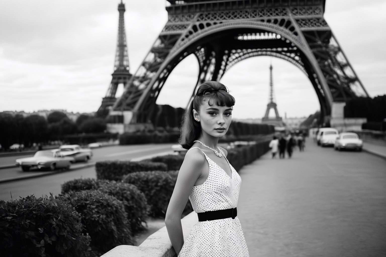 B & W Photo of a young 20yo Audrey Hepburn in a polkadot summer dress in Paris, Eiffel Tower in the background, Canon 5d Mark 4, Kodak Ektar