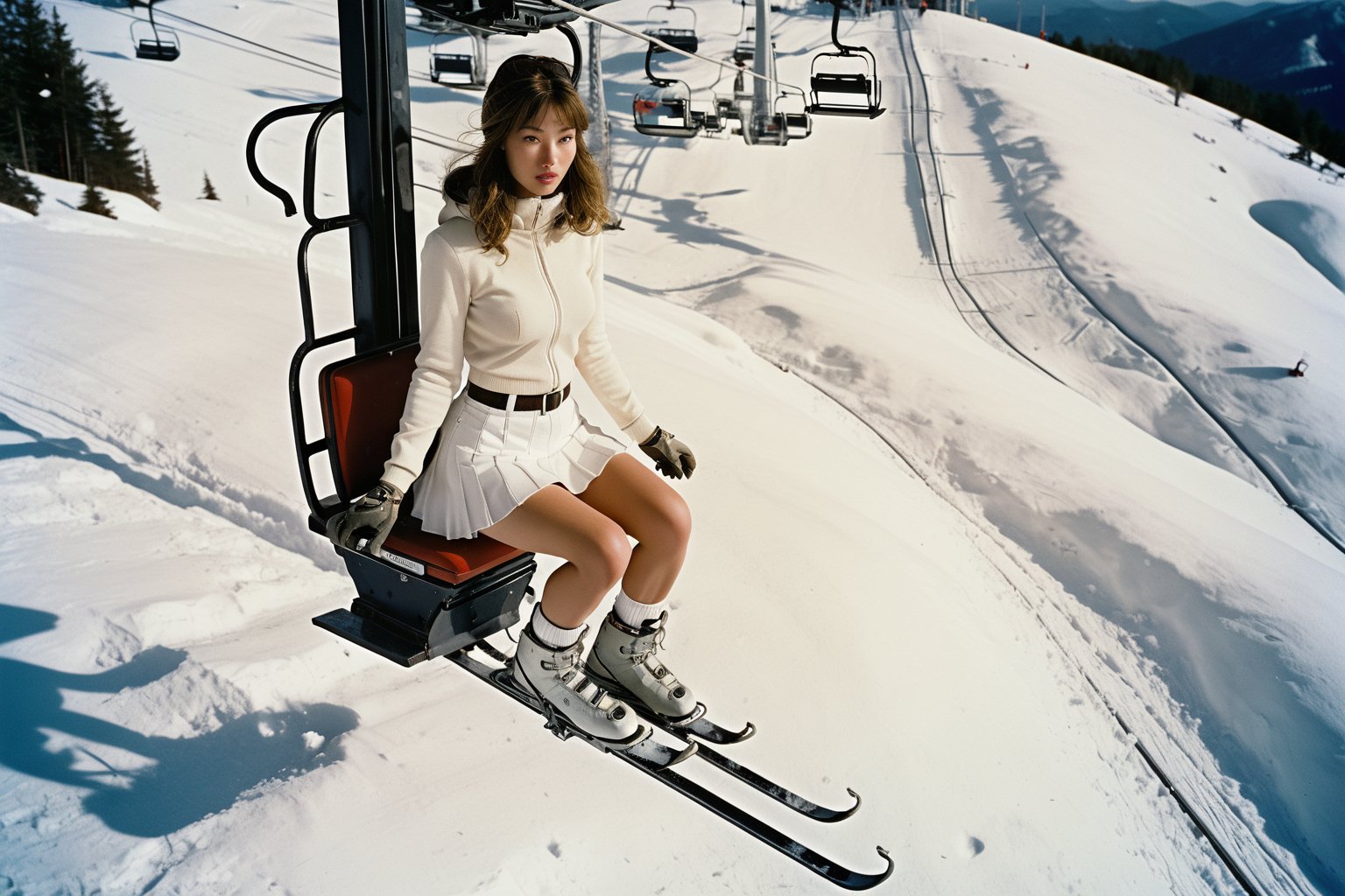 Overhead shot. Photo, Closeup A woman in white miniskirt, hitchiking a Ski lift, top of a snowy hill. canon 5d mark 4, Kodak ektar, style by Masamune Shirow, style by J.C. Leyendecker