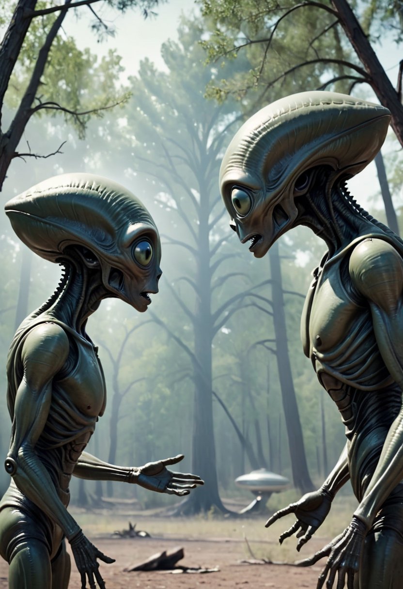 Cinematic still of pair of Roswell aliens arguing. UFO crashed on treetop