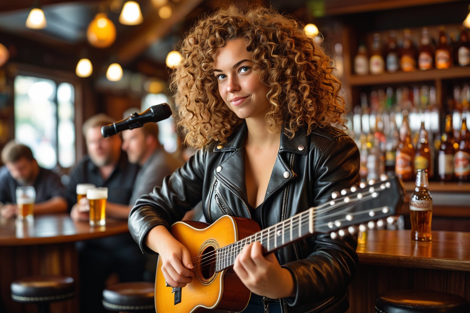 Prompt: Dutch Angle. Closeup Photo of a caucasian woman with curly hair, leather jacket and mini skirt playing guitar in a bar. Background is a fat man drinking beer. Style by J.C. Leyendecker. Canon 5d Mark 4, Kodak Ektar, 35mm 