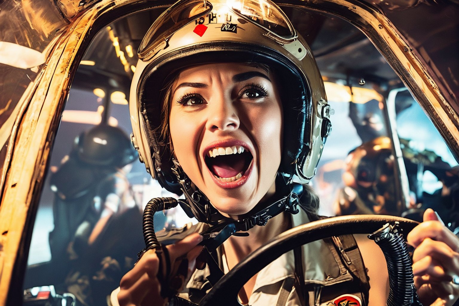 Photo,  Female pilot,  screaming,  inside cockpit,  ww2,  canon 5d mark 4,  neon light,  kodak ektar,  art by Masamune Shirow,  art by J.C. Leyendecker