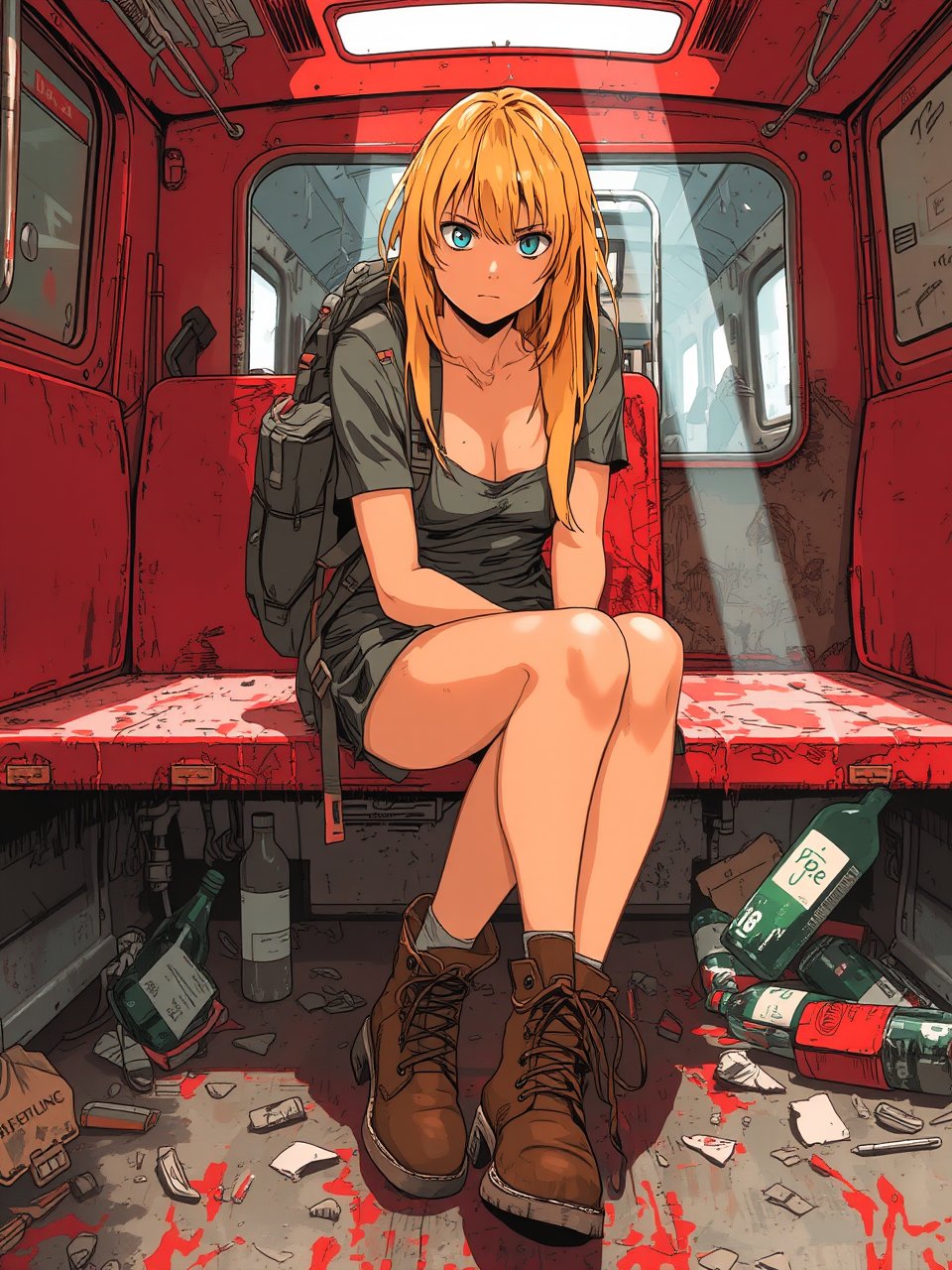 Anime style by Masamune Shirow. A blonde woman, sitting on train, red interior, rust, garbage on the floor, broken bottles.  She wear a backpack and hicking boots.