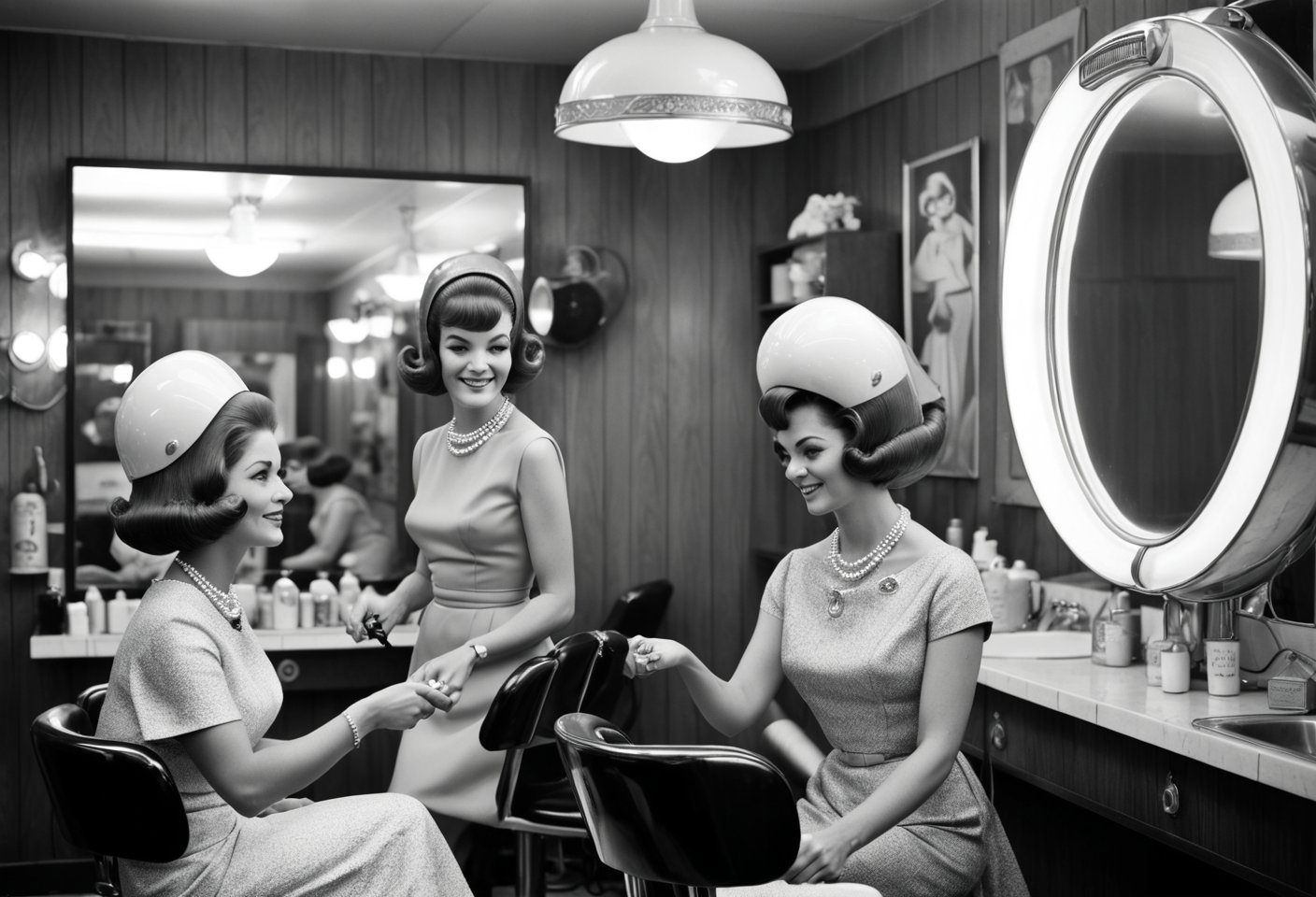 A nostalgic black and white photograph capturing two women in a 1960s hair salon, chatting away as they sport vintage hair dryers over their heads. The hair dryers, large and round with a distinct retro design, emit a warm, golden glow. The women wear elegant dresses and pearl necklaces, reflecting the style and class of the era. The salon's interior features vintage furniture and decor, with a touch of glamour and sophistication.