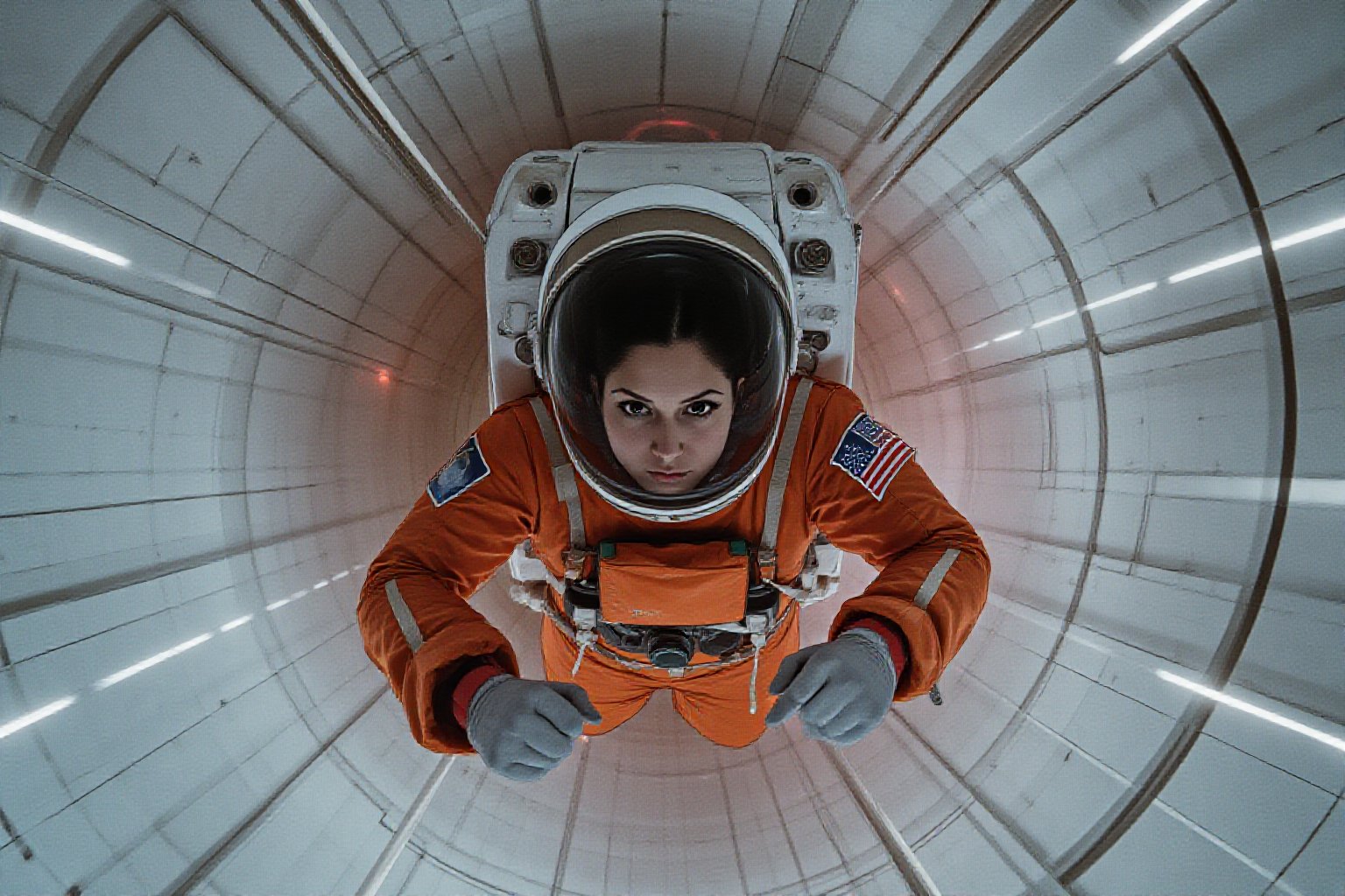 fuwafuwanime. Overhead shot of a female astronaut, dressed in a vibrant orange space uniform, is carefully re-enacting the iconic scene from 2001: A Space Odyssey where the astronaut deactivates HAL 9000. Floating weightless Inside a sleek, futuristic spacecraft, she methodically removes the components of the HAL 9000 interface, one piece at a time. The setting is tense and sterile, with bright lighting reflecting off the white sterile surfaces, capturing the eerie, unsettling atmosphere of the original scene. The astronaut’s expression is focused and determined, echoing the intensity of the moment as she disconnects each part of HAL’s circuitry. The red glow of HAL's eye slowly fades as the scene unfolds, highlighting the dramatic tension between human and machine.