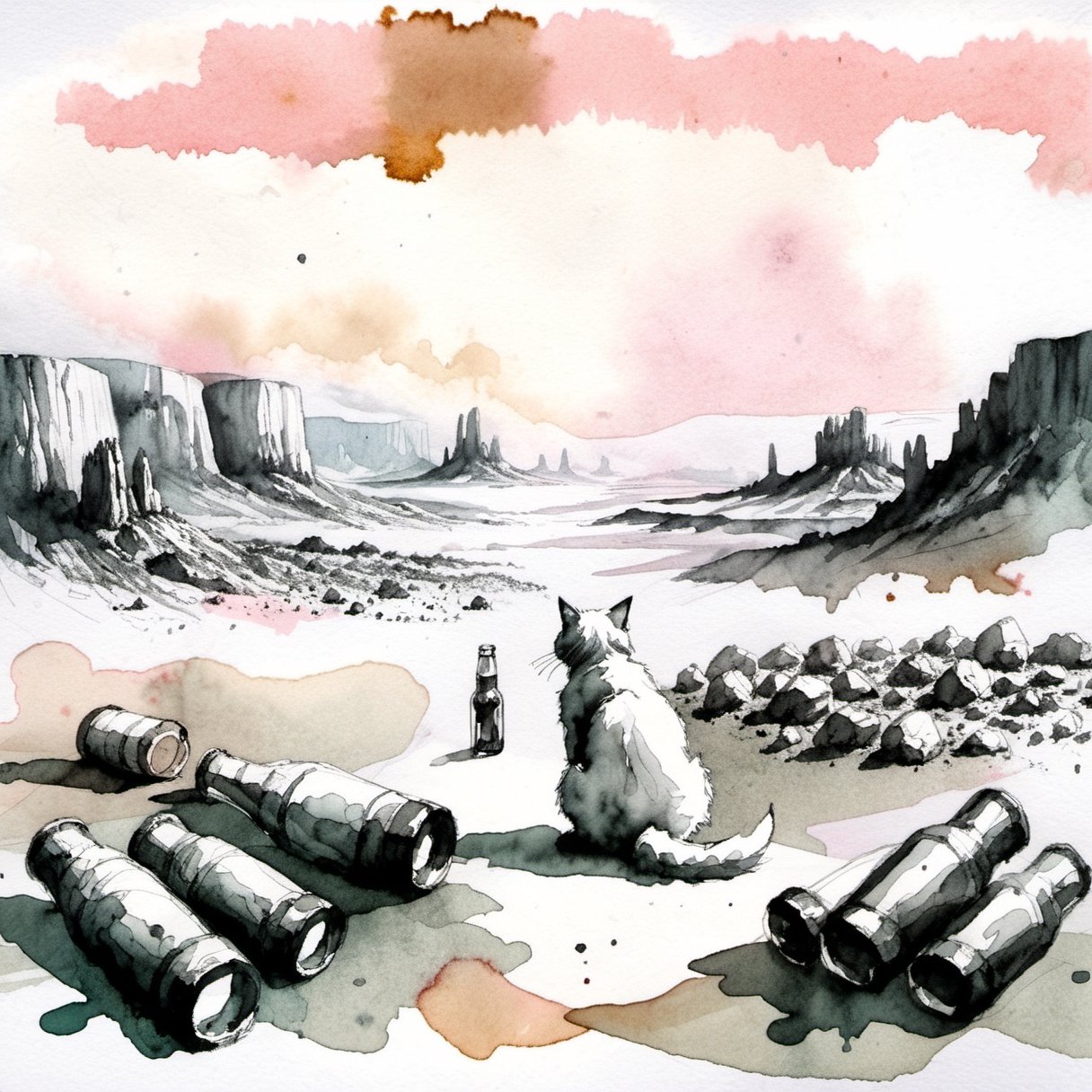 Water color ink sketch cat enjoying a beer on the lunar surface, surrounded by empty and full beer bootles. Rocky terrain, desolate and otherworldly landscape,watercolor