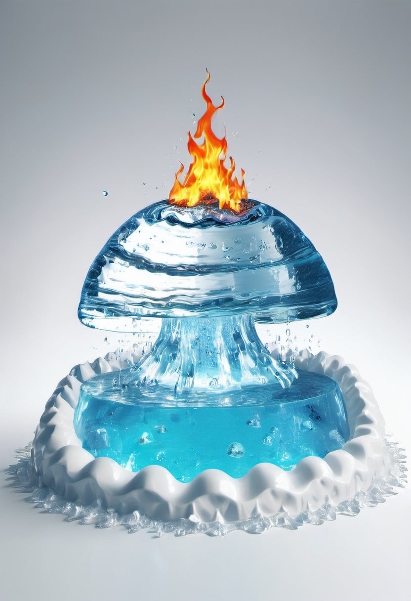 Igloo made of water, on fire, melting, pool of water on ice