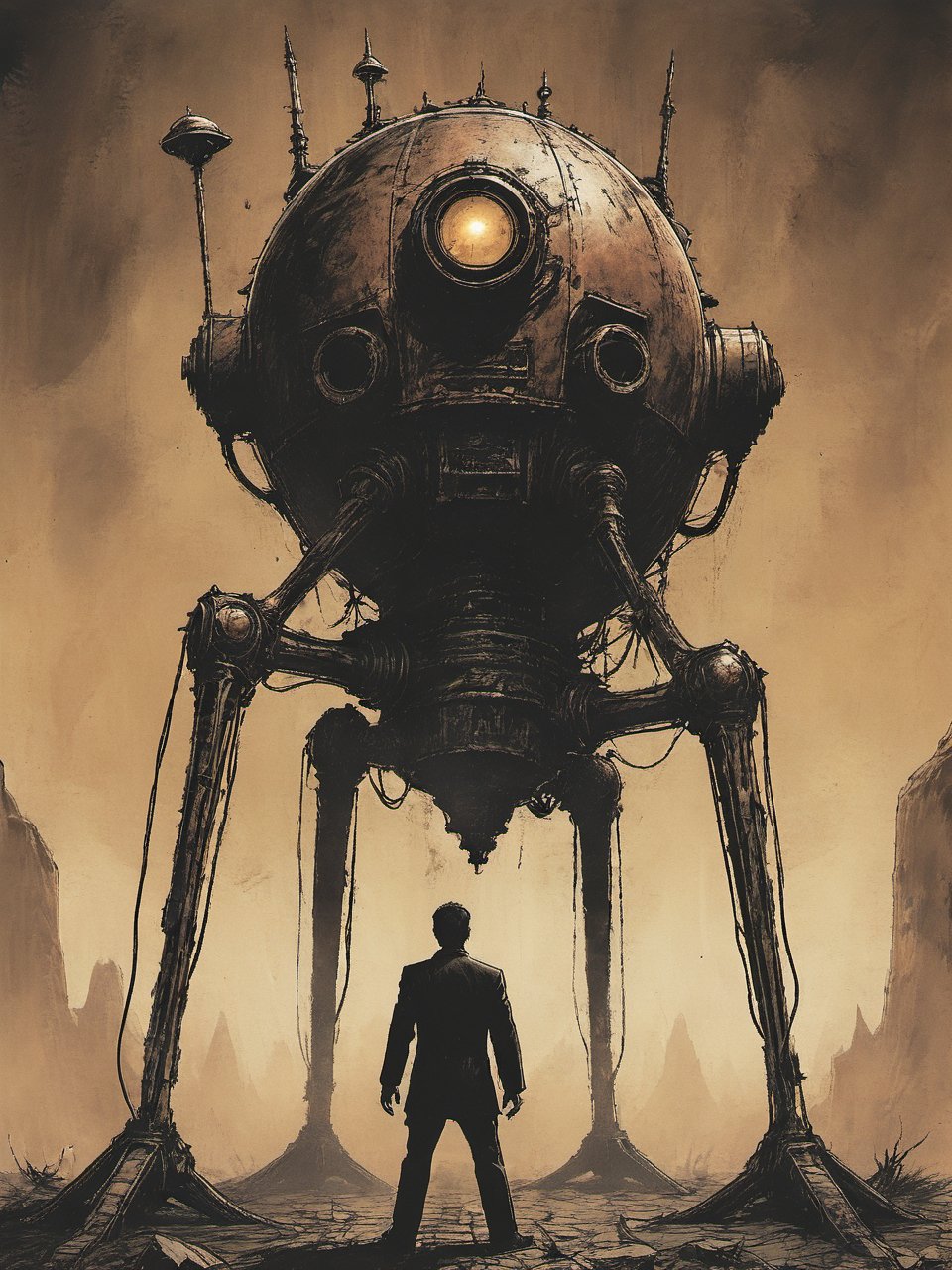 Closeup of the frightened narrator of War of the World, looking up at a Martian Tripod Machine with three legs