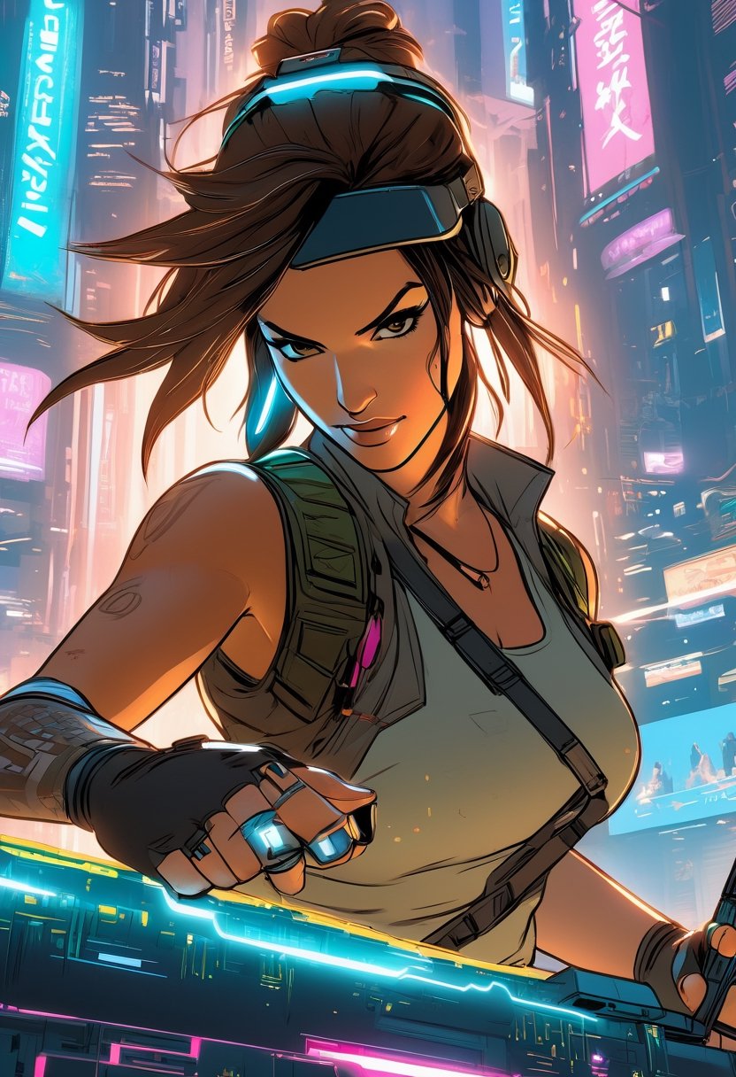 Lara Croft from Tomb Raider, wearing VR helmet, hacking on a computer. cyberpunk 2077 cityscape, art by Makoto Shinkai, art by J.C. Leyendecker