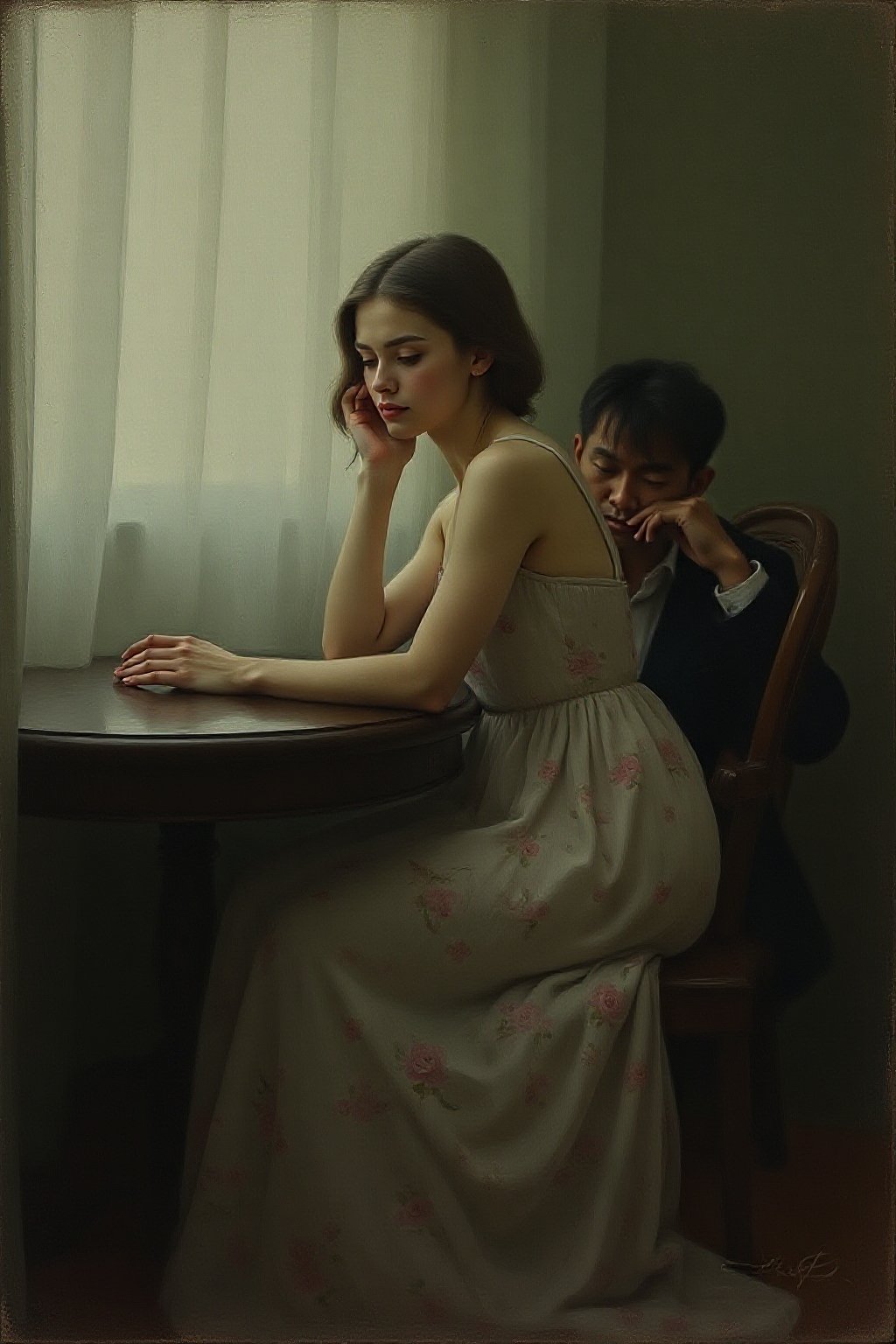 Impressionistic painting of a intimate scene with two people in a room. A young woman in an elegant, flowing dress with floral patterns sits beside a round, dark wooden table. She leans slightly, her face turned away, revealing a soft, serene expression. Her dress gently cascades, reflecting the soft light filtering through sheer curtains in the background. The man, seated behind her with his hand on his forehead, appears deep in thought. The room is bathed in muted, earthy tones, with subtle green hues dominating the background. The overall atmosphere is quiet, introspective, and melancholic, evoking a sense of stillness and contemplation.