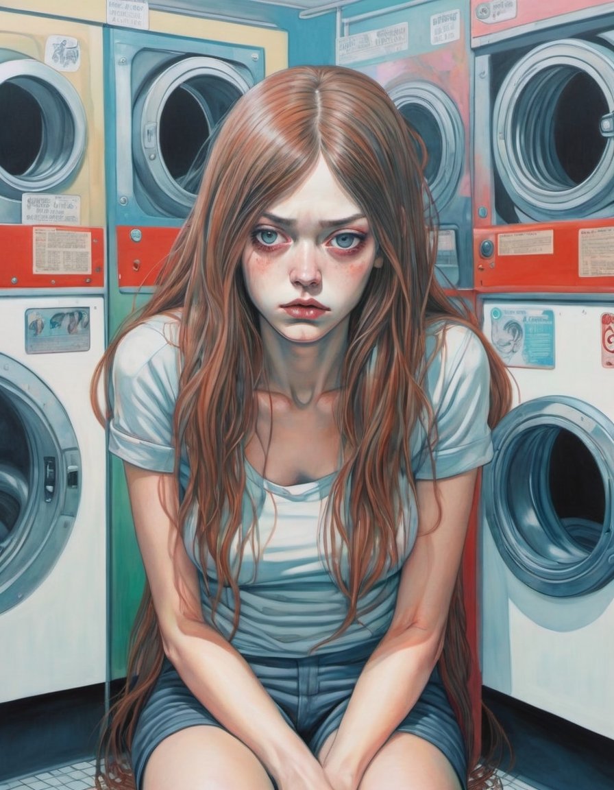 Woman, long hair, bored, waiting at a laundromat, overhead shot, art by Junji Ito, art by Martine Johanna