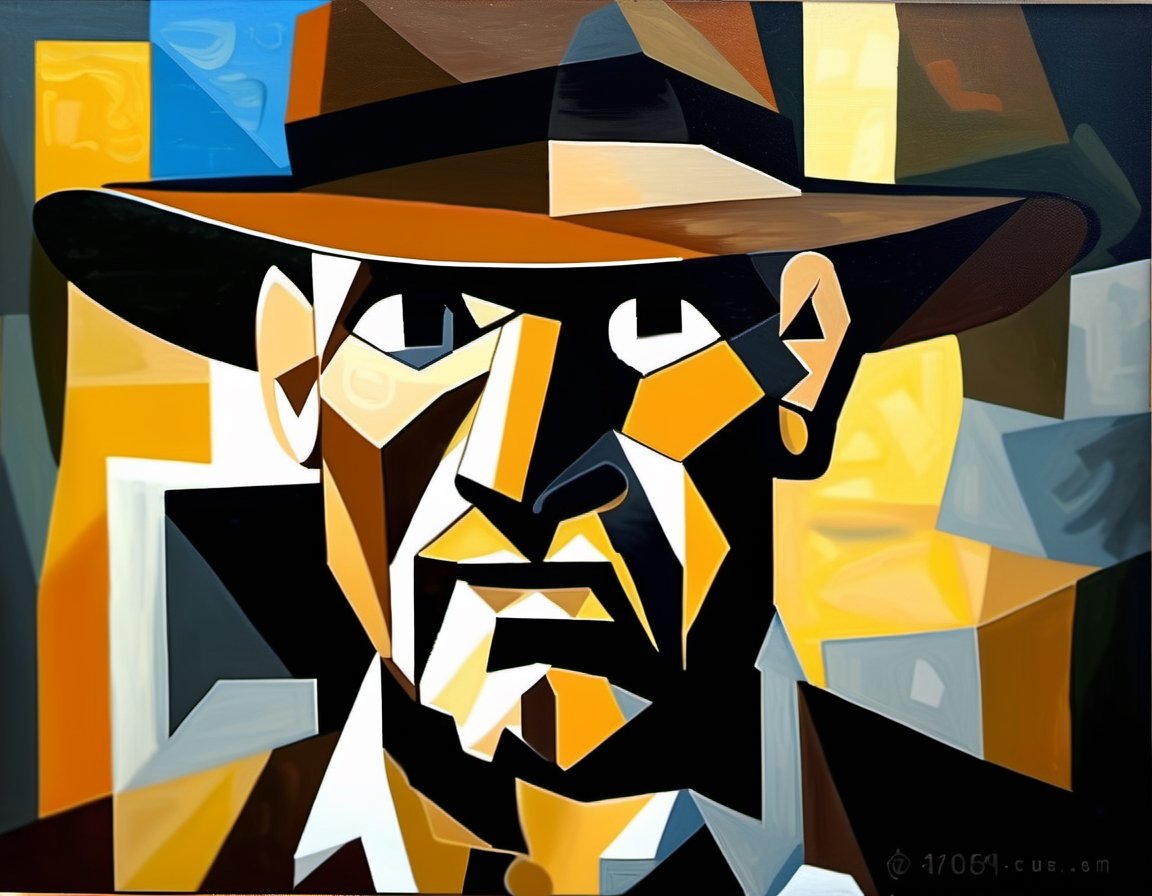 p1c4ss0, cubism oil painting of Indiana Jones made out of round and square shapes