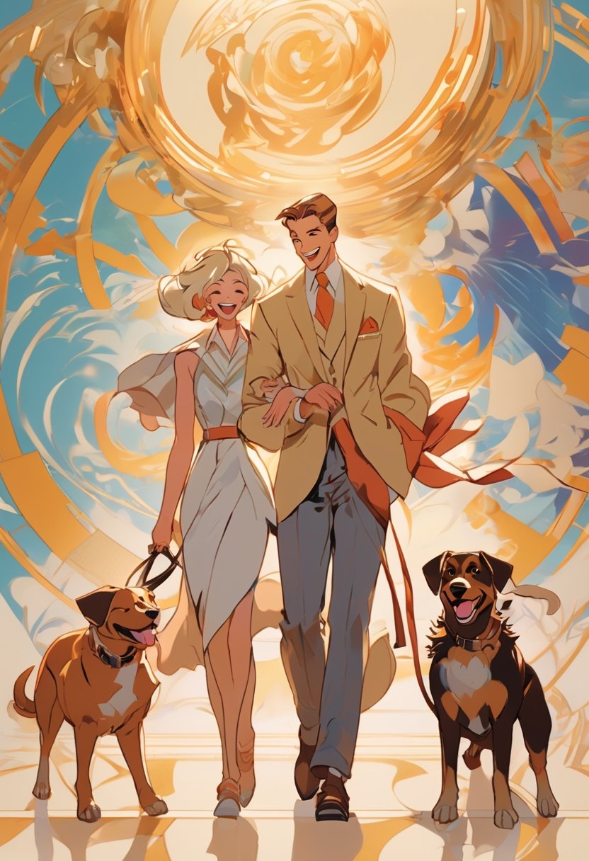 Anime Network,  Couple walking dog, laughing, art by J.C. Leyendecker, Anime style,  key visual,  vibrant,  studio anime