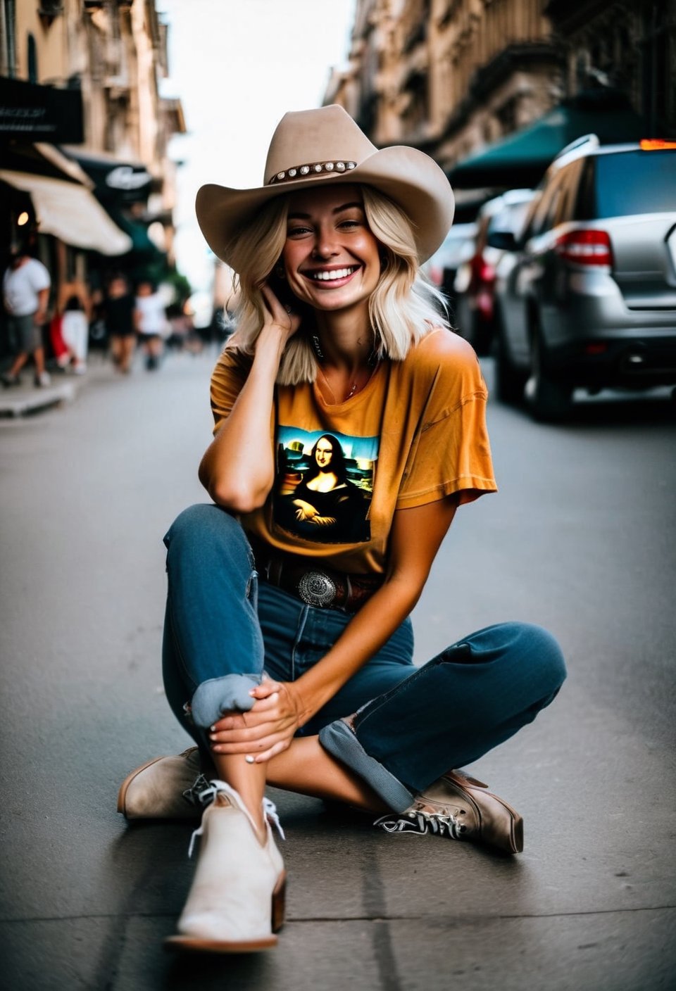 Candid Street photo. Shot from the ground up of a happy blonde woman, cowboy hat, natural relaxed pose, sitting on the pavement, wearing a T-Shirt with Mona Lisa. Style by J.C. Leyendecker. Canon 5d Mark 4, Kodak Ektar, 35mm
BREAK
Candid street photography. Shot from the ground a cheerful blonde woman, cowboy hat, sitting casually on the pavement in a relaxed pose, wearing a T-shirt featuring the Mona Lisa.
BREAK
Casual street scene. A happy blonde woman captured from ground, cowboy hat, sitting naturally on the pavement in a T-shirt adorned with the Mona Lisa, exuding a relaxed vibe.
BREAK
Street candid shot. A blonde woman in cowboy hat Shot from the ground, sitting comfortably on the pavement, radiating happiness in a Mona Lisa T-shirt.
BREAK
Candid street photo. shot from below A cheerful blonde woman, cowboy hat, sitting on the pavement in a natural, relaxed manner, wearing a T-shirt with the Mona Lisa on it.
BREAK
Urban candid photo. Below angle of a happy blonde woman, cowboy hat, sitting relaxed on the pavement, sporting a T-shirt with a Mona Lisa print.