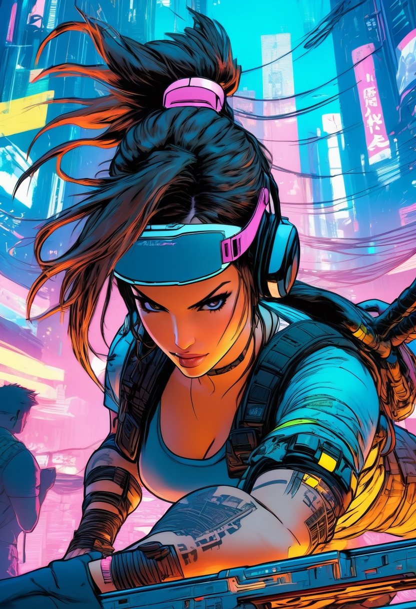 Anime artwork, Lara Croft,  wearing VR helmet,  hacking on a computer. cyberpunk 2077 cityscape, art by Masamune Shirow, anime style, key visual, vibrant, studio anime, highly detailed