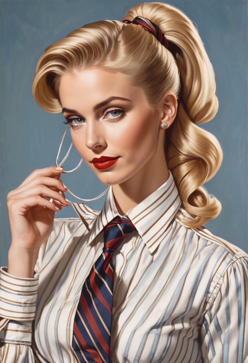 Photo of  tomboyish blonde. art by J.C. Leyendecker,  Canon 5d Mark 4,  Kodak Ektar,  Her hair is tied in a ponytail. She's wearing a striped shirt,  with the sleeves rolled up,  and a necktie. She's also wearing jeans with suspenders, art by J.C. Leyendecker, Canon 5d Mark 4, Kodak Ektar