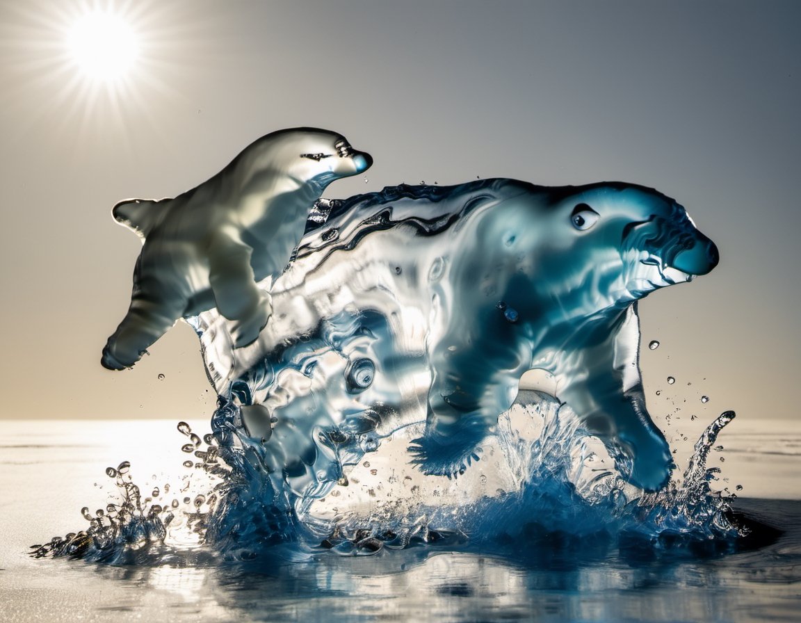 Photo of a polar bear chasing a penguin running across blue polar ice cap, made of water, dripping waterdrops, over bright sun