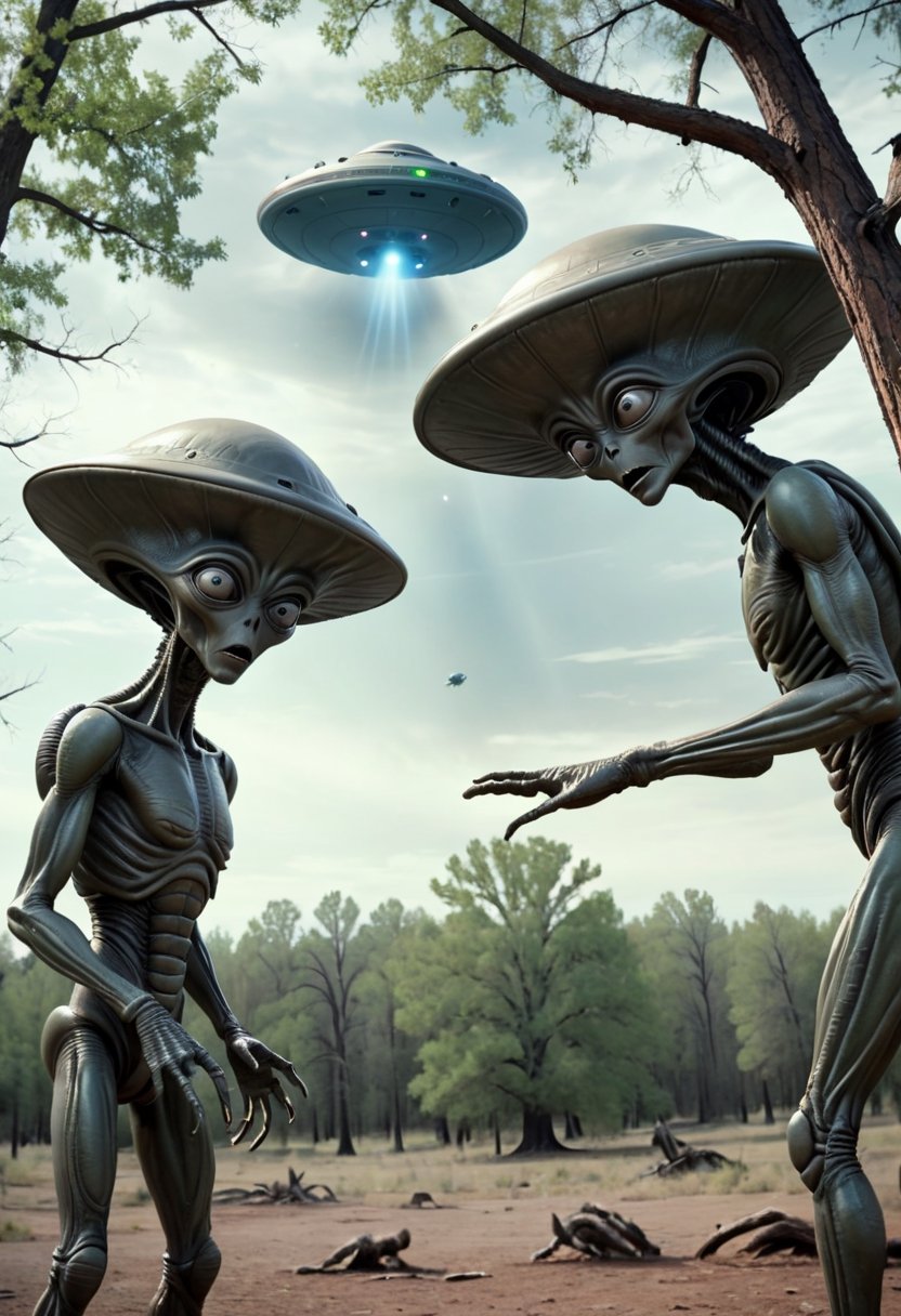 Cinematic still of pair of Roswell aliens arguing, their UFO stuck on treetop