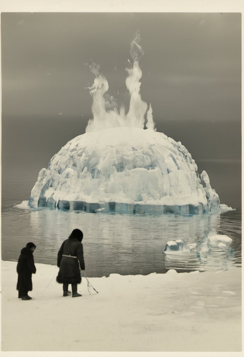 An inuit looking at a burning Igloo made of ice and water, melting, pool of water on ice,made of water